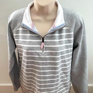 Orvis women’s striped gray 1/4 zip logo pockets pullover sweatshirt, size M